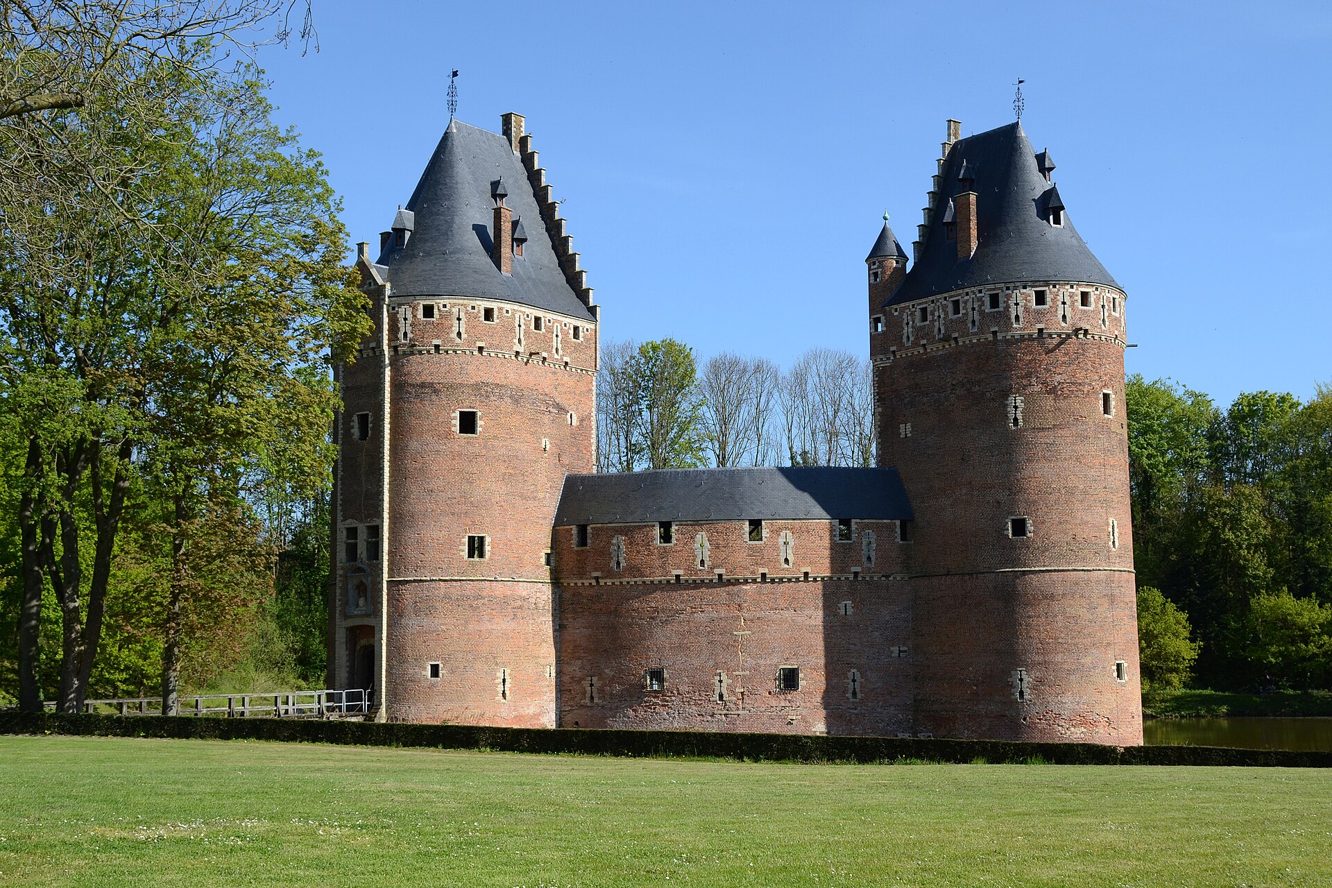 The red-brick towers and moat of Kasteel van Beersel just south of Brussels