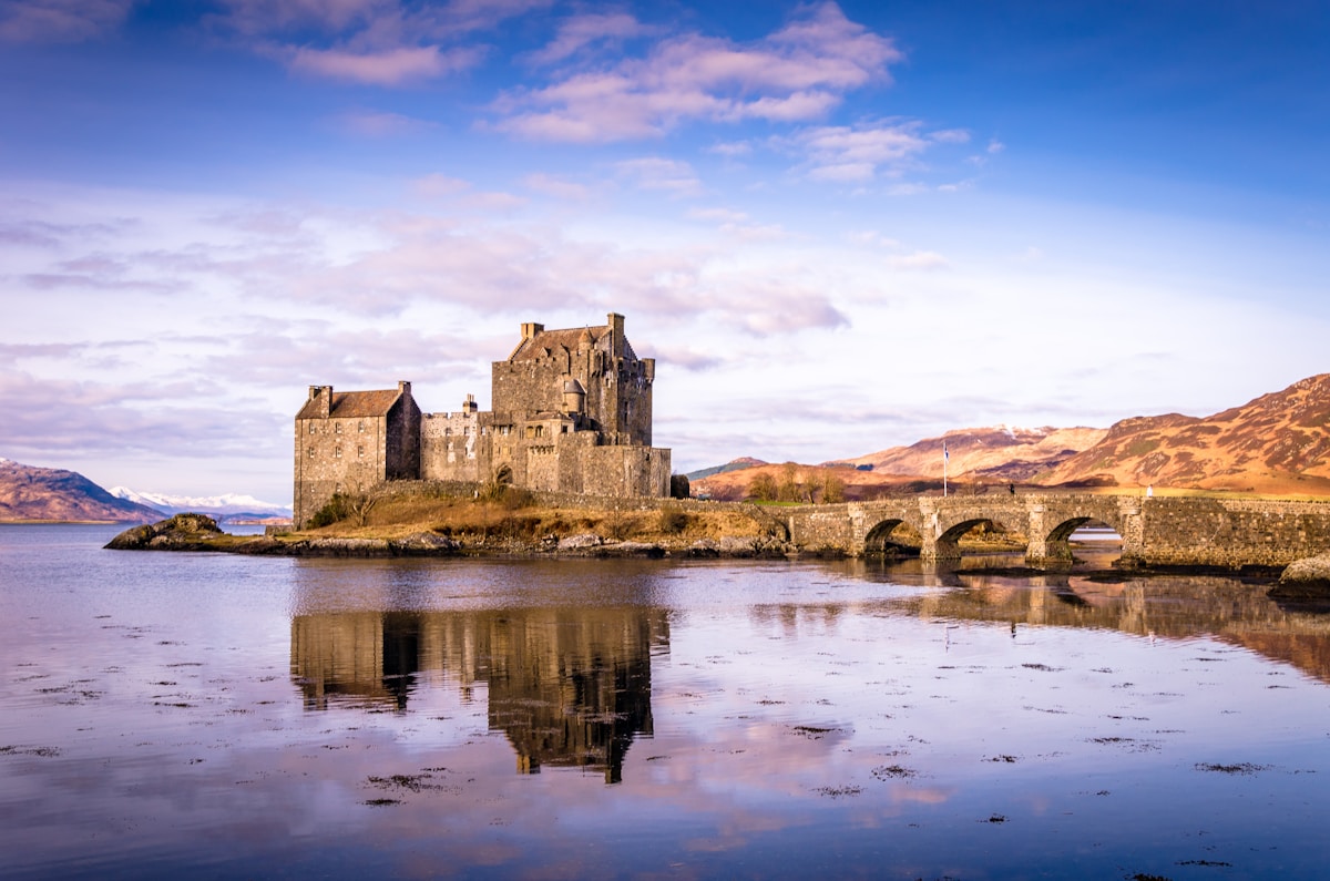 Eilean Donan castle on its island, reached by a stone bridge