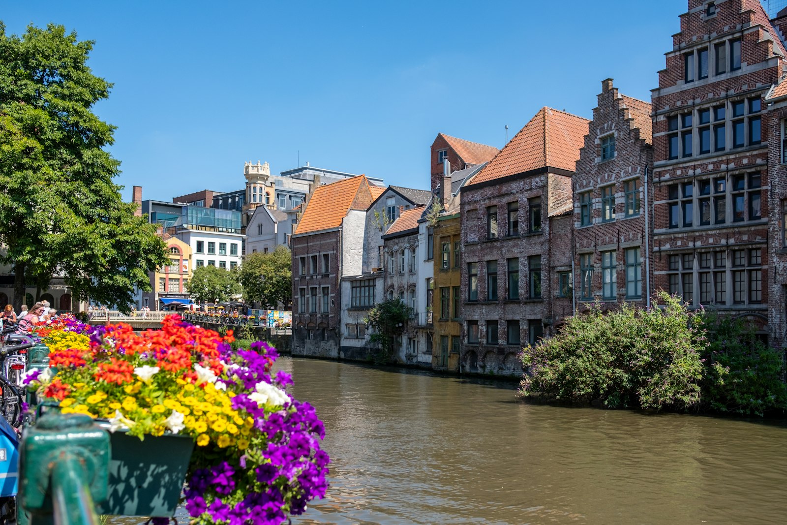 Ghent's medieval guild houses lining the Graslei waterfront with a stone castle beyond