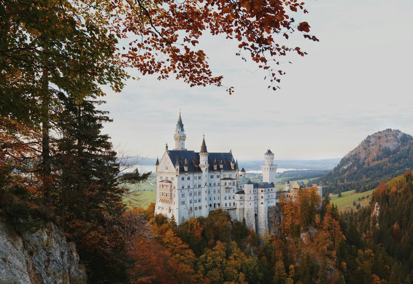 Neuschwanstein rising above the forested Alpine hills