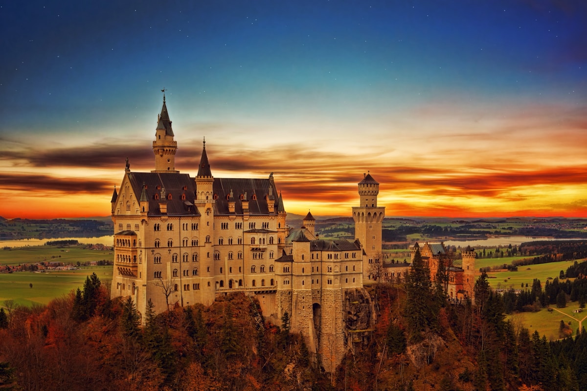 Neuschwanstein Castle rising above the Bavarian forest