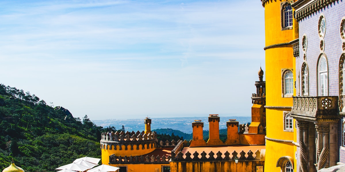 The colourful Pena Palace above the hills of Sintra