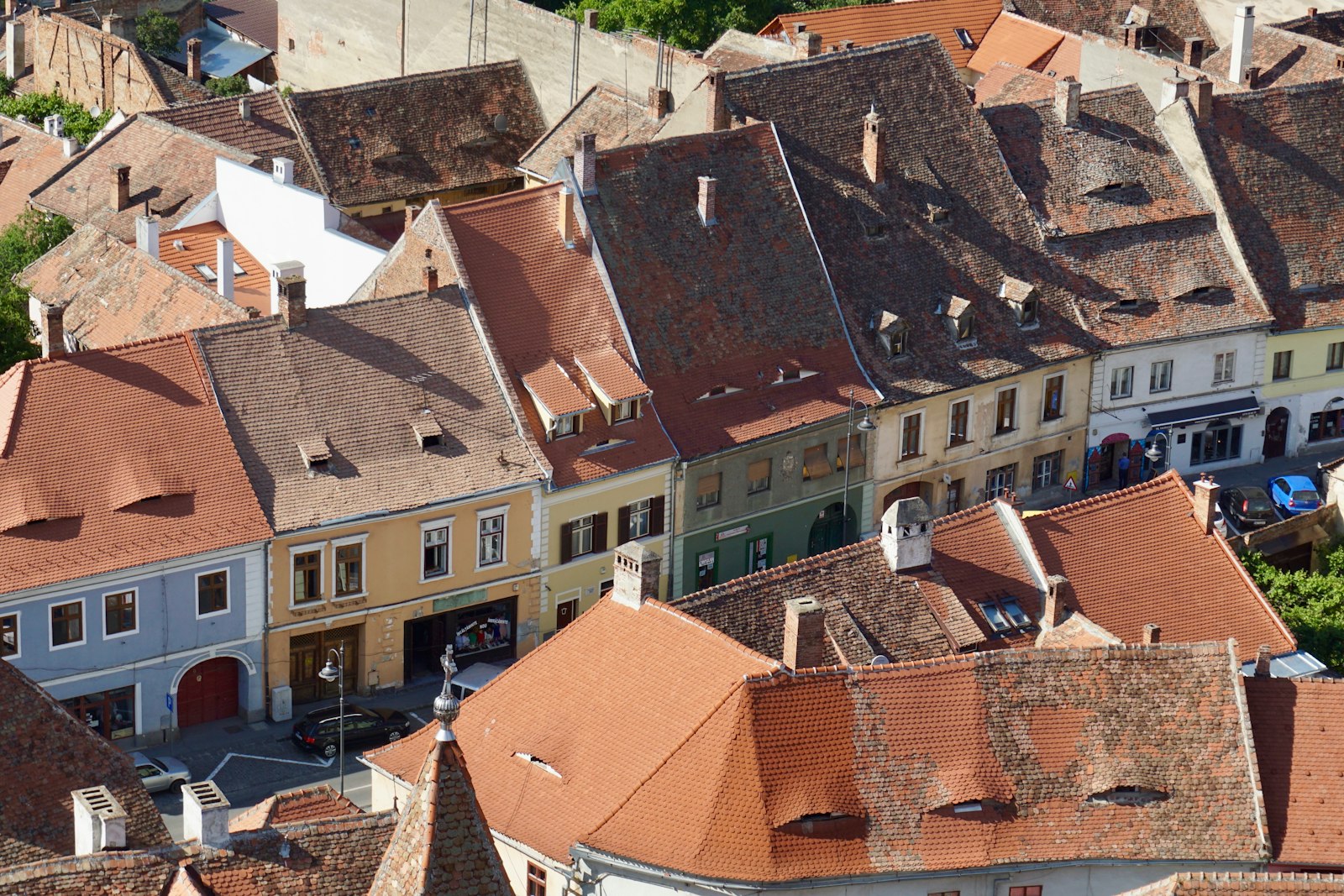 Sibiu's pastel Saxon houses with distinctive eyelid-shaped roof windows peering over the square